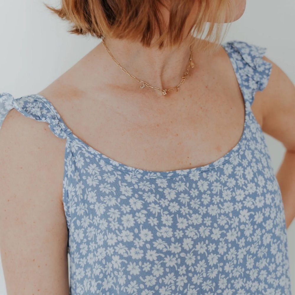 Ruffled Blue and White Sleeveless Tank Top - Picture 5 of 10